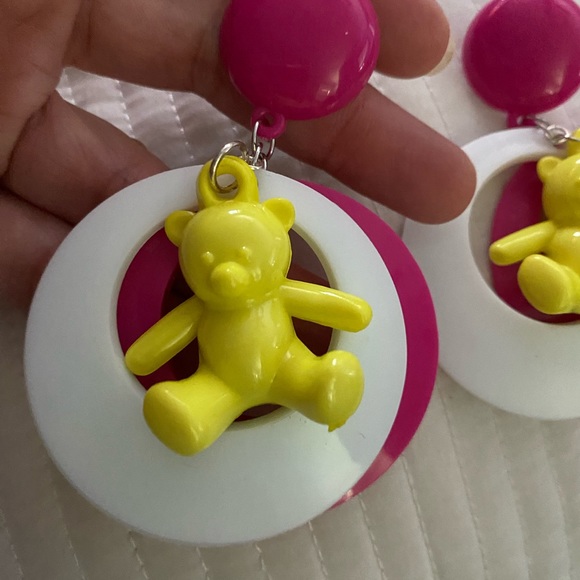 Vintage teddy bear neon inspired loop plastic 80s 90s earrings fun trio funky - Picture 4 of 4